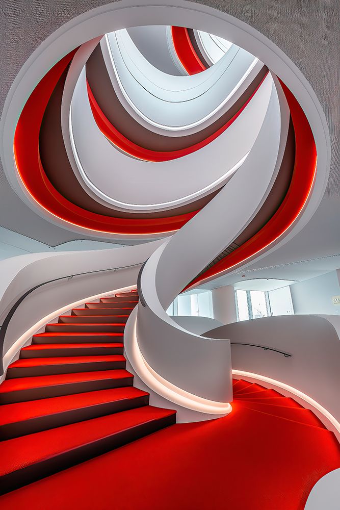Curved stairway with window and carpet. (AI Generated)
